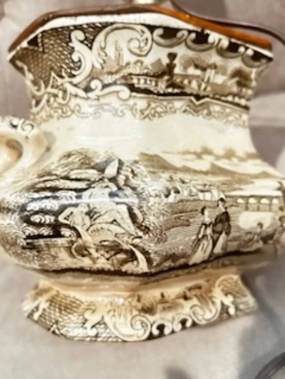 Rare Antique 19th Century English Brown Transferware Pastoral Scene Lamp Base